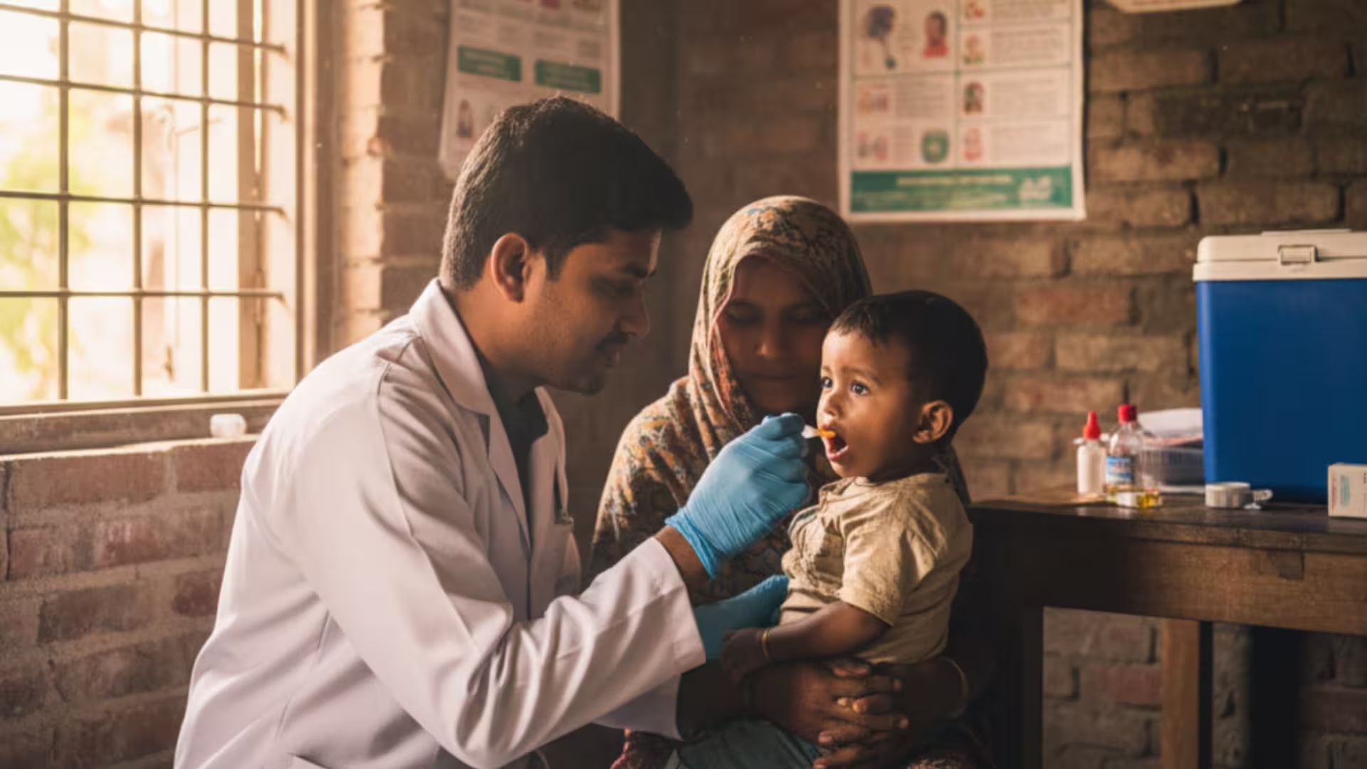 Doctor administering Vitamin A supplementation to a young child in a rural Bangladesh health clinic during the national Vitamin A campaign.