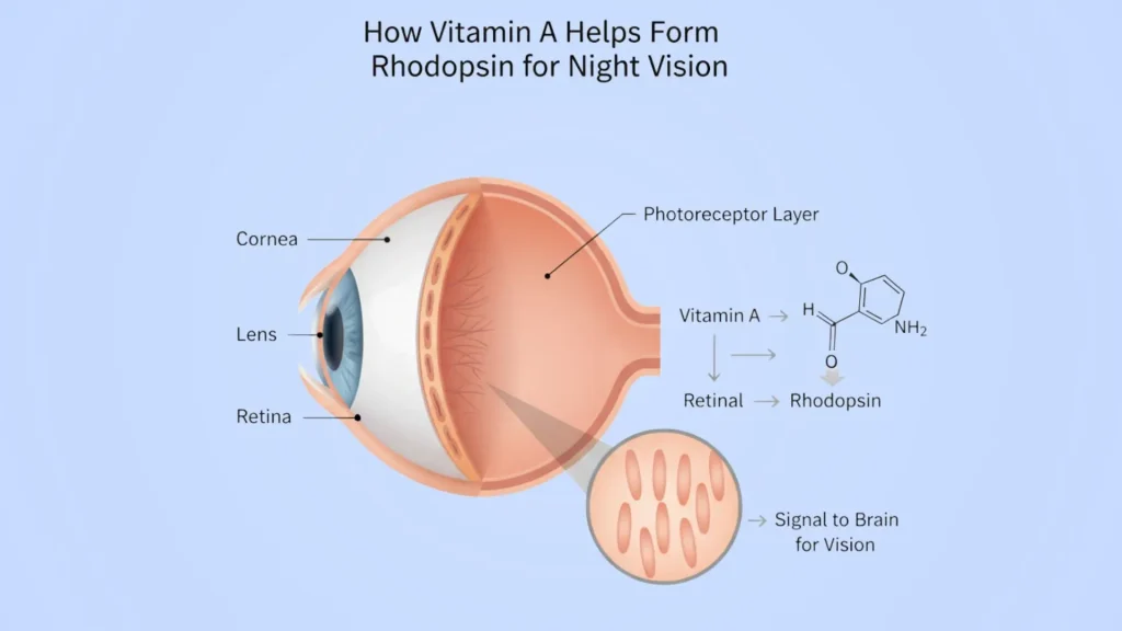 Diagram showing how Vitamin A converts into retinal and then rhodopsin inside the photoreceptor layer of the eye, enabling night vision. Includes labeled cornea, lens, retina, and biochemical pathway.