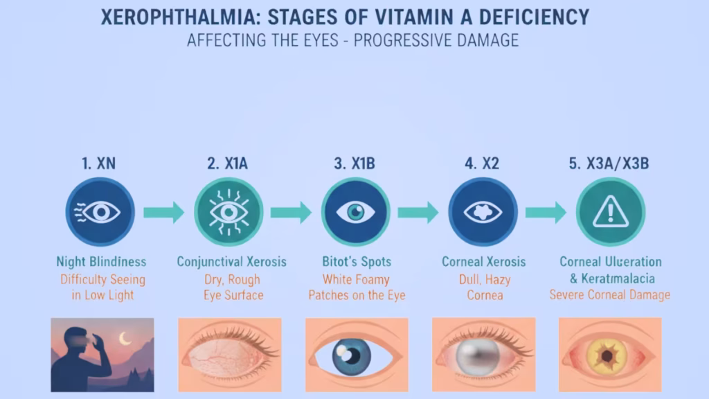 Medical diagram showing the progressive stages of xerophthalmia caused by Vitamin A deficiency, including night blindness, conjunctival xerosis, Bitot’s spots, corneal xerosis, keratomalacia, and corneal ulceration.